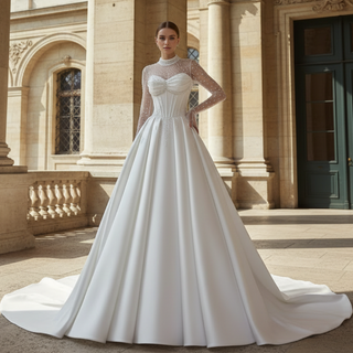 Crystal & Pearl Beaded Illusion Wedding Dress with Drop-Waist Corset and Long Sleeve