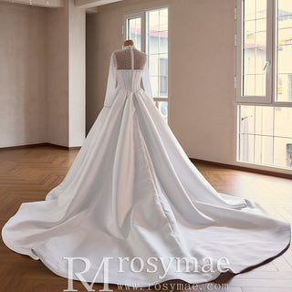 Crystal & Pearl Beaded Illusion Wedding Dress with Drop-Waist Corset and Long Sleeve