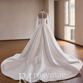 Crystal & Pearl Beaded Illusion Wedding Dress with Drop-Waist Corset and Long Sleeve