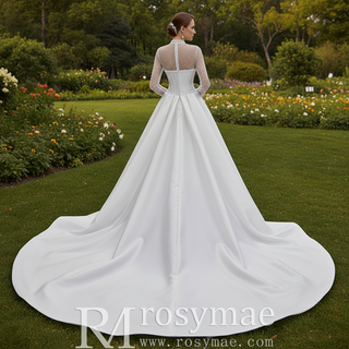 Crystal & Pearl Beaded Illusion Wedding Dress with Drop-Waist Corset and Long Sleeve