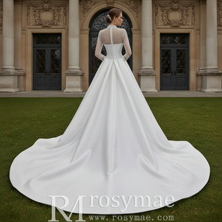 Crystal & Pearl Beaded Illusion Wedding Dress with Drop-Waist Corset and Long Sleeve
