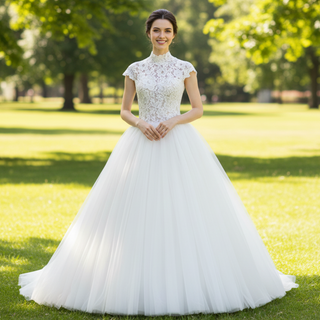 Stunning Women High Neck Ballgown Wedding Dress with Capped Sleeve