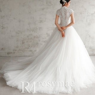 Stunning Women High Neck A-Line Wedding Dresses with Capped Sleeve