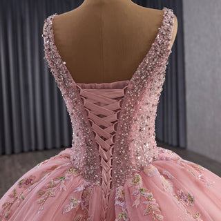 Luxury Pink Tiered Quinceañera Dress with Pearls & Sequins Cascading Floral Embroidery