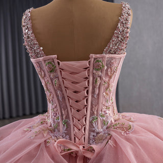 Luxury Pink Tiered Quinceañera Dress with Pearls & Sequins Cascading Floral Embroidery
