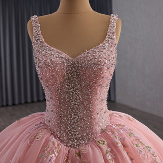 Luxury Pink Tiered Quinceañera Dress with Pearls & Sequins Cascading Floral Embroidery