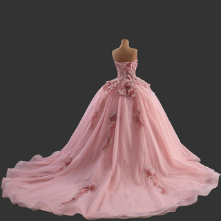 Luxury Pink Quinceanera Dress with High-Volume Tiered Tulle Skirt & 3D Floral Embellishments
