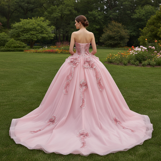 Luxury Pink Quinceanera Dress with High-Volume Tiered Tulle Skirt & 3D Floral Embellishments