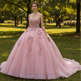 Luxury Pink Quinceanera Dress with High-Volume Tiered Tulle Skirt & 3D Floral Embellishments
