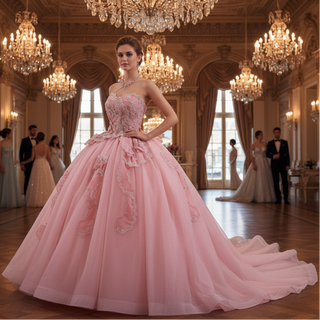 Luxury Pink Quinceanera Dress with High-Volume Tiered Tulle Skirt & 3D Floral Embellishments