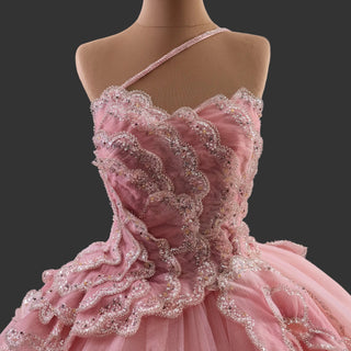 Luxury Pink Quinceanera Dress with High-Volume Tiered Tulle Skirt & 3D Floral Embellishments