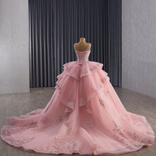 Luxury Pink Tiered Quinceañera Dress with Pearls & Sequins Cascading Floral Embroidery