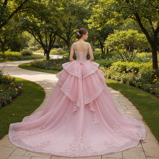 Luxury Pink Tiered Quinceañera Dress with Pearls & Sequins Cascading Floral Embroidery