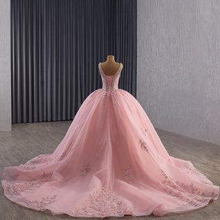 Luxury Pink Tiered Quinceañera Dress with Pearls & Sequins Cascading Floral Embroidery