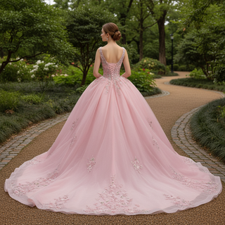 Luxury Pink Tiered Quinceañera Dress with Pearls & Sequins Cascading Floral Embroidery