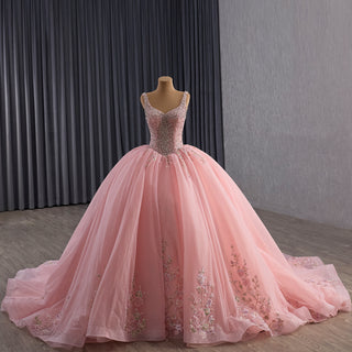 Luxury Pink Tiered Quinceañera Dress with Pearls & Sequins Cascading Floral Embroidery