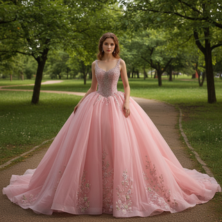 Luxury Pink Tiered Quinceañera Dress with Pearls & Sequins Cascading Floral Embroidery