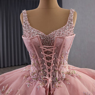 Luxury Pink Tiered Quinceañera Dress with Pearls & Sequins Cascading Floral Embroidery