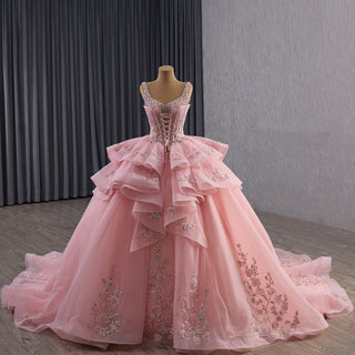 Luxury Pink Tiered Quinceañera Dress with Pearls & Sequins Cascading Floral Embroidery