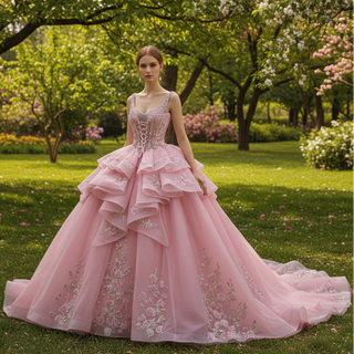 Luxury Pink Tiered Quinceañera Dress with Pearls & Sequins Cascading Floral Embroidery