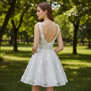 Fairytale-Inspired Square Neckline Mini A-Line Wedding Dress with 3D Floral Appliqués