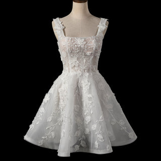 Fairytale-Inspired Square Neckline Mini A-Line Wedding Dress with 3D Floral Appliqués