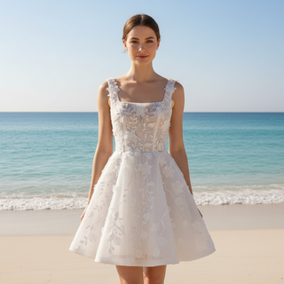 Fairytale-Inspired Square Neckline Mini A-Line Wedding Dress with 3D Floral Appliqués