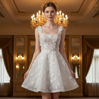 Fairytale-Inspired Square Neckline Mini A-Line Wedding Dress with 3D Floral Appliqués