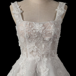 Fairytale-Inspired Square Neckline Mini A-Line Wedding Dress with 3D Floral Appliqués