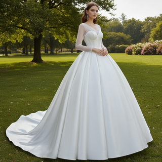 Simple Modest Satin Puffy Wedding Dress with Long Sleeves