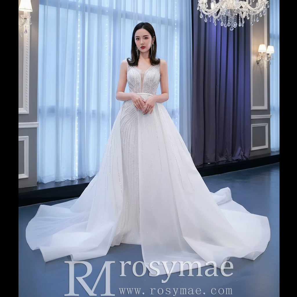 Beaded Sparkly Mermaid Wedding Dress with Detachable Skirt White / 18W Beaded Sparkly Mermaid Wedding Dress with Detachable Skirt White / 18W