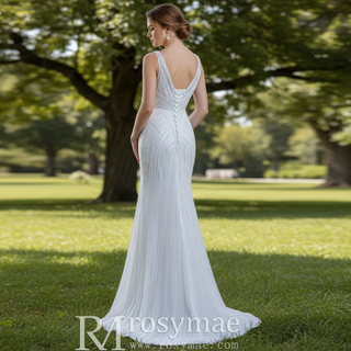 Beaded Sparkly Mermaid Wedding Dress with Detachable Skirt