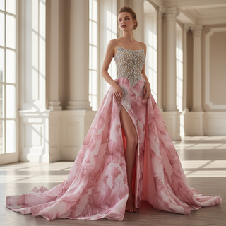 Unique Design Floral Print Scoop Neckline Pink Formal Dress with Detachable Skirt