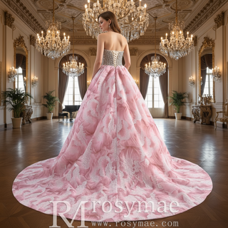 Unique Design Floral Print Scoop Neckline Pink Formal Dress with Detachable Skirt