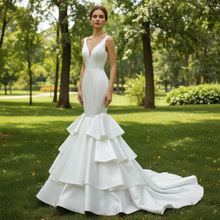 Modest V-neck Mermaid Country Satin Wedding Dress with Ruffle
