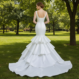Modest V-neck Mermaid Country Satin Wedding Dress with Ruffle