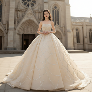 Strapless Beaded Champagne Ball Gown Wedding Dress