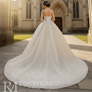 Strapless Beaded Champagne Ball Gown Wedding Dress