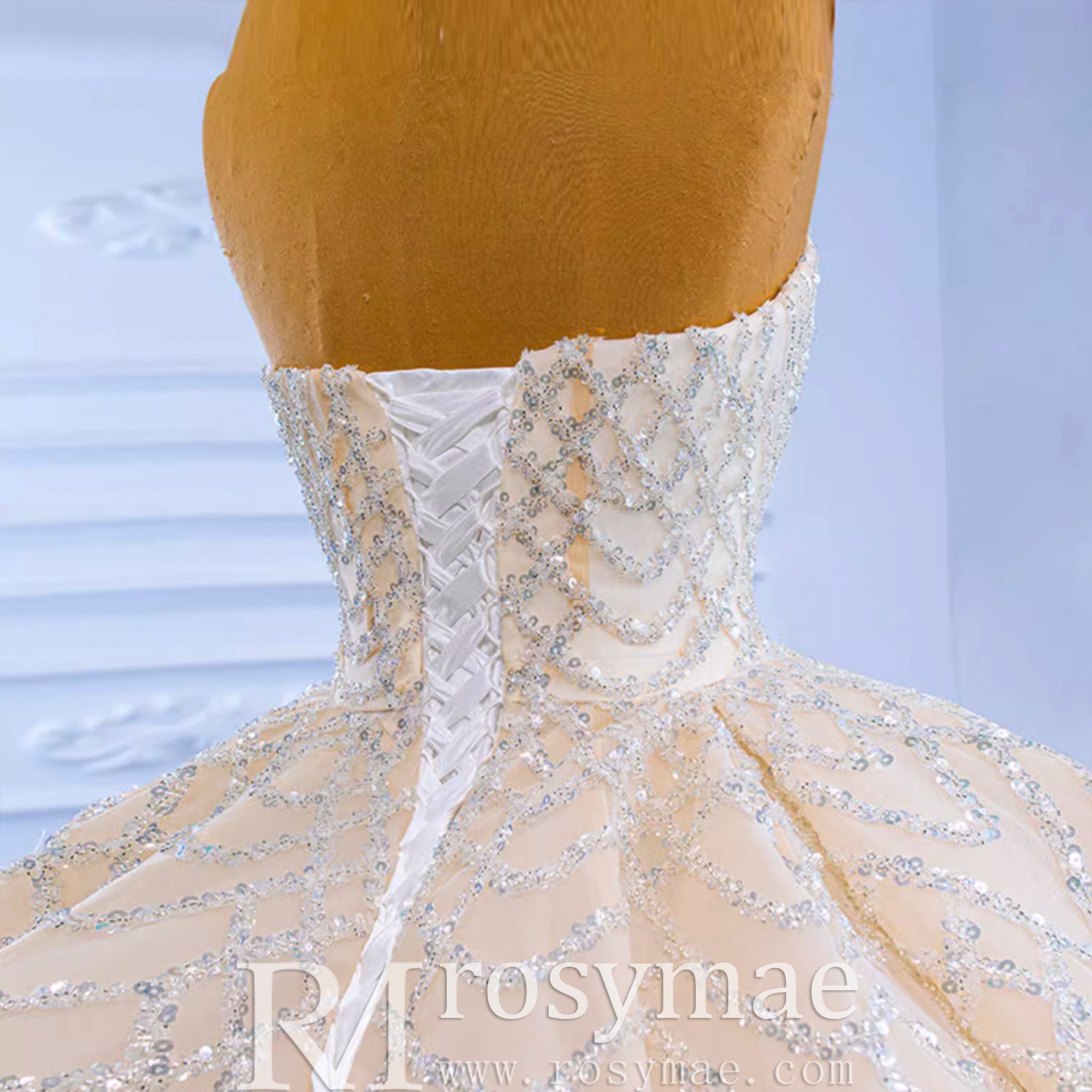 Strapless Beaded Champagne Ball Gown Wedding Dress Champagne / 2 Strapless Beaded Champagne Ball Gown Wedding Dress Champagne / 2