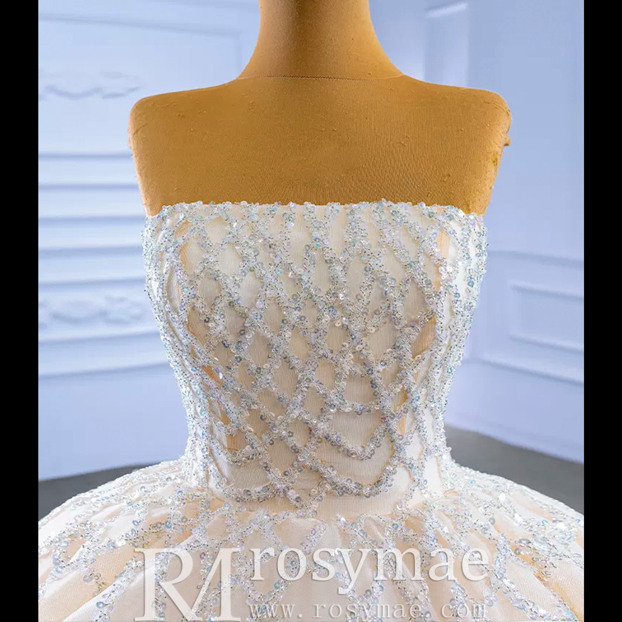 Strapless Beaded Champagne Ball Gown Wedding Dress Champagne / 2 Strapless Beaded Champagne Ball Gown Wedding Dress Champagne / 2