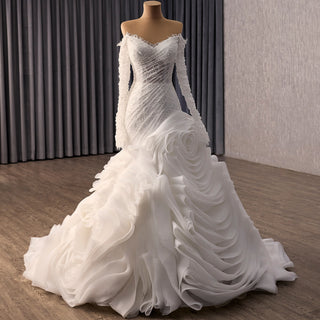 High-End Mermaid Wedding Gown Off-Shoulder Long Sleeve with Beaded Lace