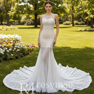 Scoop Mermaid Wedding Dress Beaded Sheer Bridal Gown