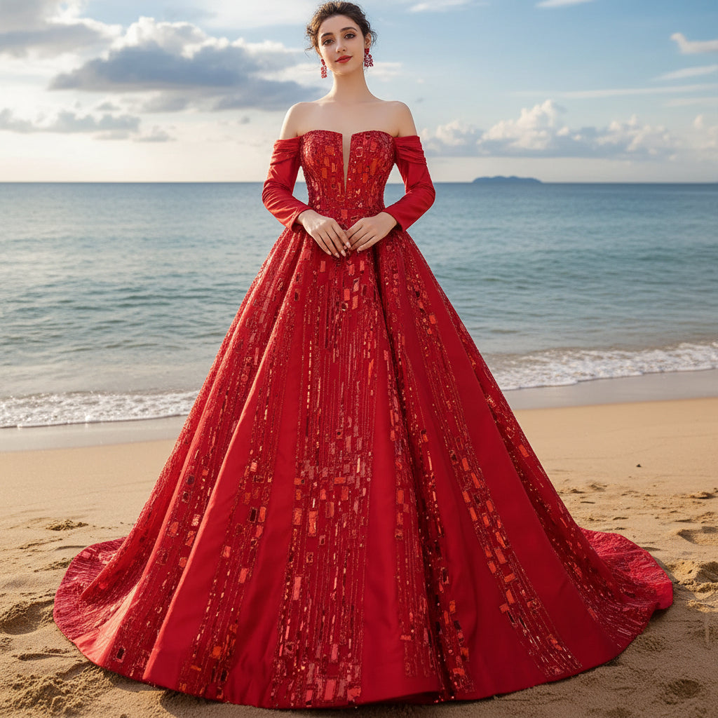 Red Off the Shoulder Sequin Quinceanera Dress Long Sleeve Formal Gown Rosymae Red Off the Shoulder Sequin Quinceanera Dress Long Sleeve Formal Gown Rosymae