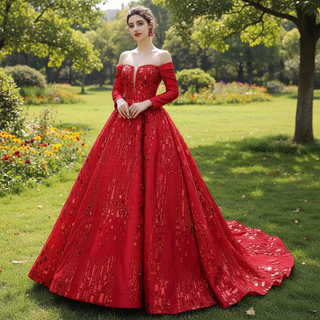 Red Off the Shoulder Sequin Quinceanera Dress Long Sleeve Formal Gown