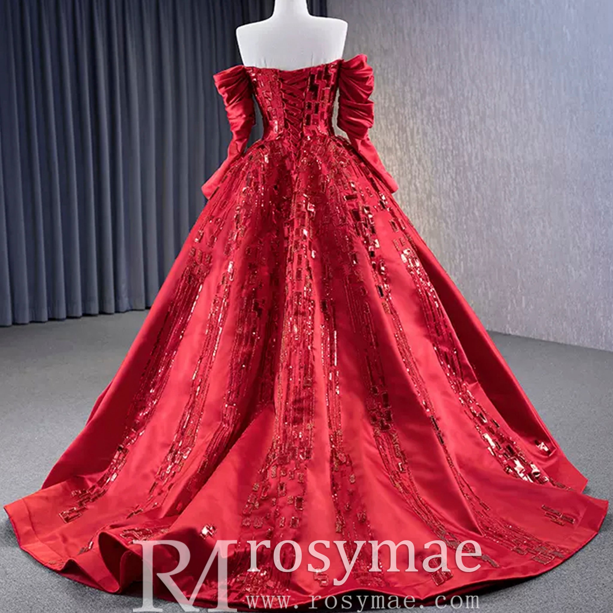 Red Off the Shoulder Sequin Quinceanera Dress Long Sleeve Formal Gown Red / 28W Red Off the Shoulder Sequin Quinceanera Dress Long Sleeve Formal Gown Red / 28W