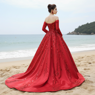 Red Off the Shoulder Sequin Quinceanera Dress Long Sleeve Formal Gown