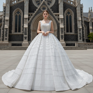 Square Neck Beaded Luxury Ball Gown Puffy Wedding Dress