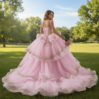 Sparkly Lace Applique Beaded Tiered Layered Quince Dress with Bowknot