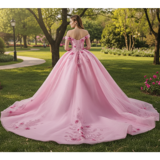 Pink Sparkly Lace Applique 3D Flower Quince Dress with Off the Shoulder