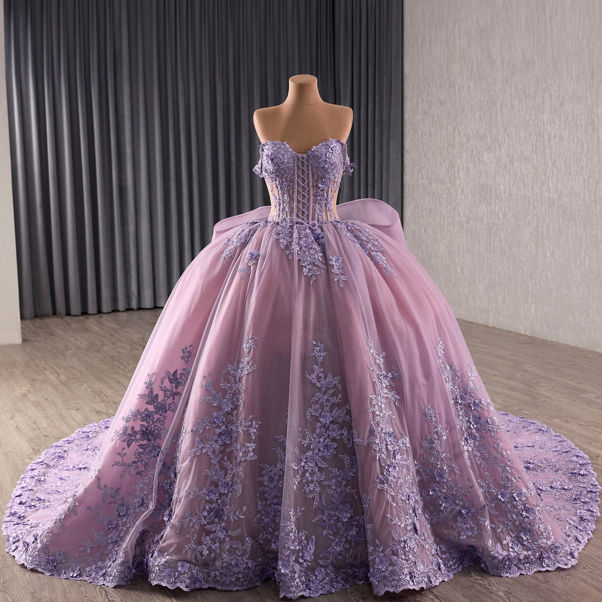Lavender Floral Lace Quinceaera Dress with Corset Bodice with Cathedral Train Lavender / 14 Lavender Floral Lace Quinceaera Dress with Corset Bodice with Cathedral Train Lavender / 14